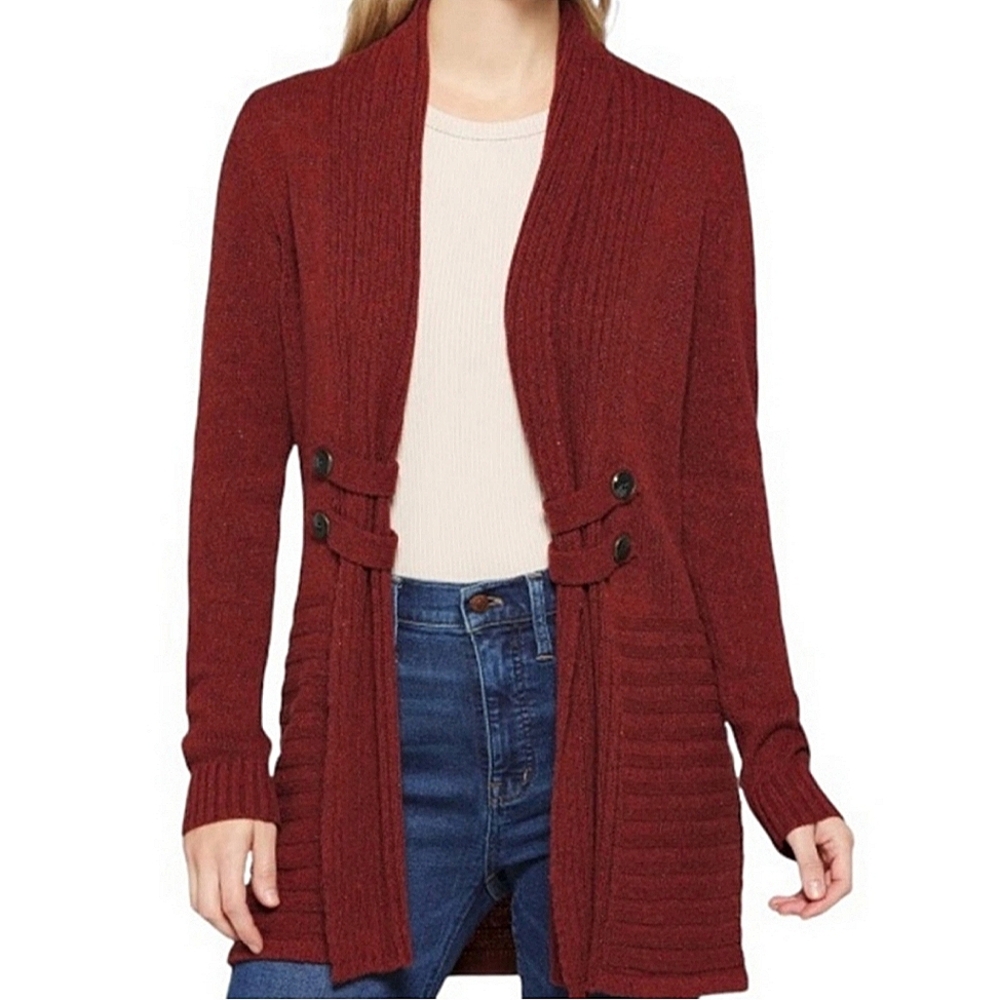 Fortune & Ivy Women's Deep Umber Open Front Raiden Tab Cardigan Sweater Sz Med